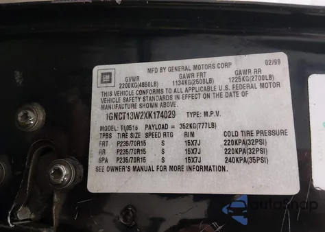 1999 Chevrolet Blazer Ls z USA, uszkodzony, nr VIN 1GNCT18W2XK174029